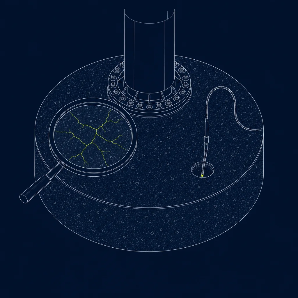 Isometric diagram: magnifier revealing hairline cracks in a turbine foundation, with an endoscope probe in an inspection borehole