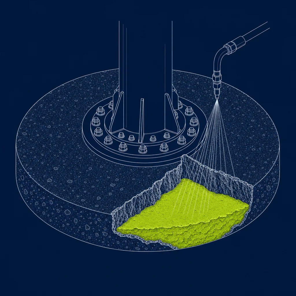 Isometric cutaway diagram: hydro demolition removing damaged concrete before fresh high-strength grout is packed back in